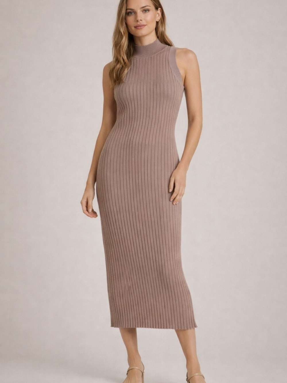 Zara Ribbed Knit Midi Dress Sleeveless Mock Neck Taupe XS S Minimalist Coastal - Picture 1 of 6